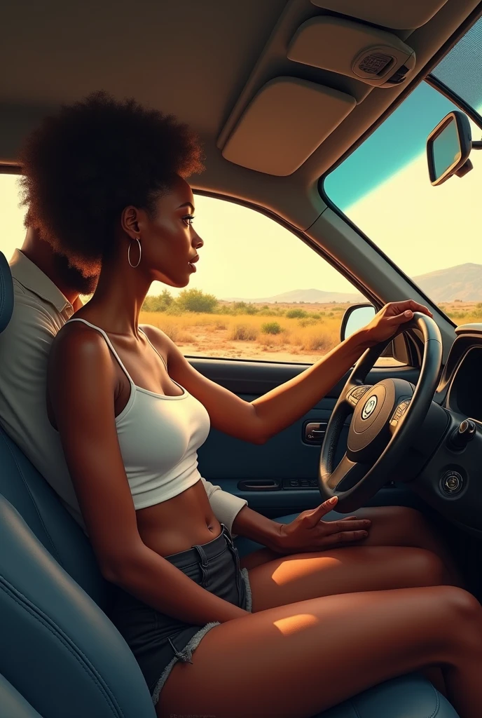 A beautiful African woman on a white top and black bum short revealing her hips withe her handsome African husband who is driving her in a car and talking  to her realistic paint 