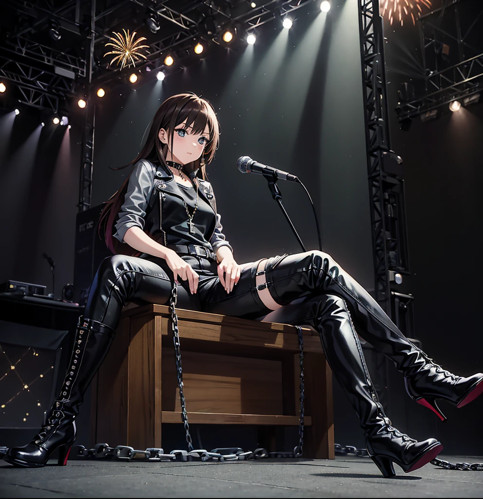 marin, marin kitagawa, rocker woman, punk rock style clothing, high heel boots, leather pants, leather jacket, gray shirt, on a stage, chains around, chains hanging from the stage, sitting on the throne, sitting cross-legged, legs crossed, night, lights, spotlights, fireworks