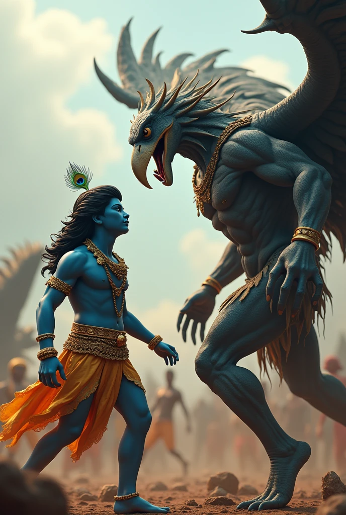 3d muscular small krishna with skin blue colour wearing gold ornaments peakock one feather on head
fights with 3d heighted beaked birdman highly graphic war scene depicting them in front of each other