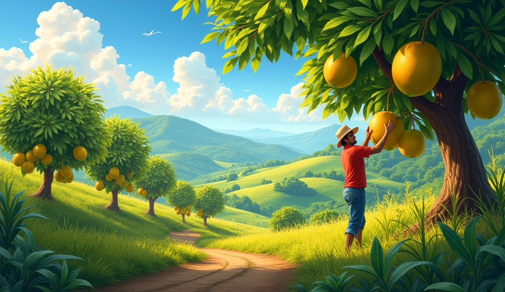 a beautiful countryside landscape with a guava farm, detailed guava fruits hanging from lush green trees, a farmer harvesting ripe guava fruits, golden sunlight filtering through the leaves, a serene and peaceful atmosphere, detailed foliage, rolling hills in the background, fluffy clouds in a bright blue sky, warm color tones, photorealistic, 8k, highly detailed, masterpiece