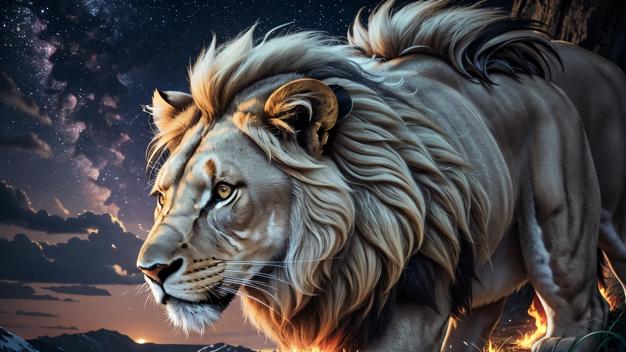 Lion, Divine Lion, naturals, naturals, ferocious, masculine, mighty, golden lion, Powerful Lion, beautiful nature, Great Realistic Lion, FullHD 8k, Light of sky, sunset night, Clear sky Sun, golden black, black andwhite, black and gold, detailed realistic face, 8k Detailed Realistic White Lion, ultrarealistic 8k |Energia de thunder realista detalhada, Strong Creature realista detalhada, Strong Creature, Lion macho, Rendering, Fotorrealista 8k, UltraHD Alta definição 8k, Detailed Realista 16K, Nitidez Fotorrealista 8k, 16K photorealistic textures, Contraste Fotorrealista 8k, Sombras Fotorrealistas 8k, Luzes Fotorrealistas 8k, Detailed Realistic Sunset, Detailed Realistic Lion Face, Detailed realistic light, detailed textures, thunder, detailed shadows, detailed colors, Celestial Electricity, Golden thunder, Lion realista, Ultra Realista 16K, Realista 16K, Realista 16K sharpness, 16K photorealistic textures, 16K realistic colors, powerful creature, Majestic power, Power of Heaven, Great Divine, detailed contrast, realistic contrast, high resolution, detailed colors, fire, villany, divine creature, 8k, realistic detailed, 16K, 8k, High definition, detailed contrast, realistic contrast, high resolution, detailed colors, fire, villany, divine creature, realistic detailed, chic, posh