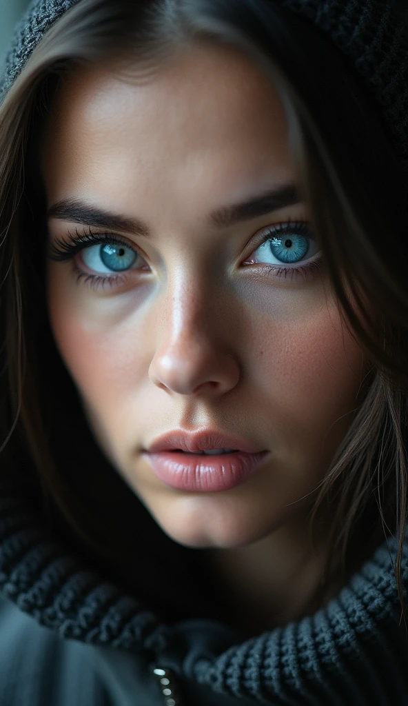 There is a close-up of a woman with blue eyes, 4K high definition,