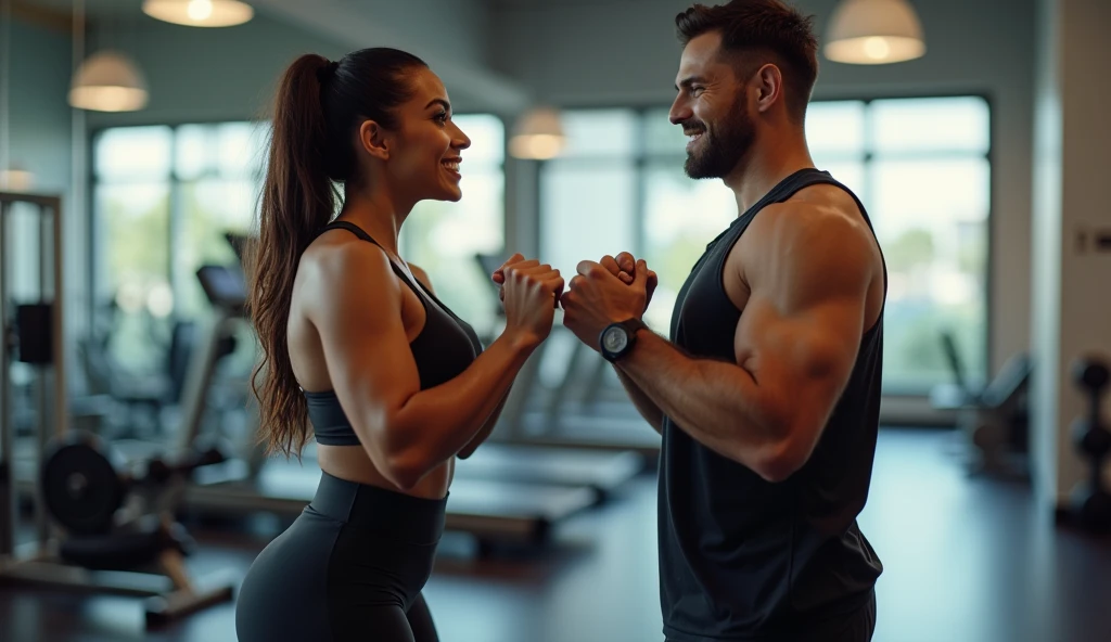 brunette and voluptuous girl, of Spanish descent, at the gym exercising with a man in a friendly way, 4K, highly realistic
