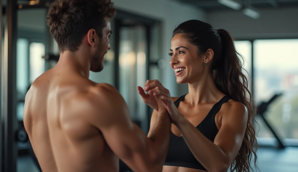 brunette and voluptuous girl, of Spanish descent, at the gym exercising with a man in a friendly way, 4K, highly realistic