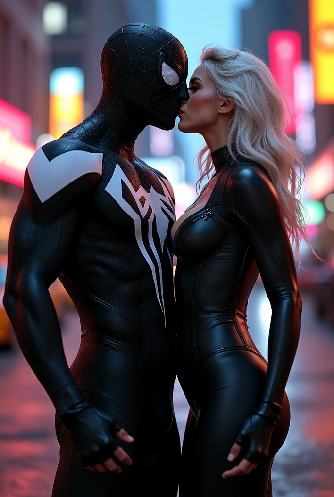 A stunning portrait of muscular Peter Parker in his black suit and white suit, symbiote suit, kissing, French kiss, passionate kiss, Felicia Hardy as the marvel character Black Cat, young and beautiful, hyper realistic, real portrait, backlit, exquisite features, cleavage, sexy, seductive, her hair is white, she is wearing a black leather body suit unzipped to her belly button, location is city at night. Neon lights, large breasts, athletic body, narrow waist, wide hips, Spider-Man’s suit is only black and white, he is not wearing his mask, Peter Parker