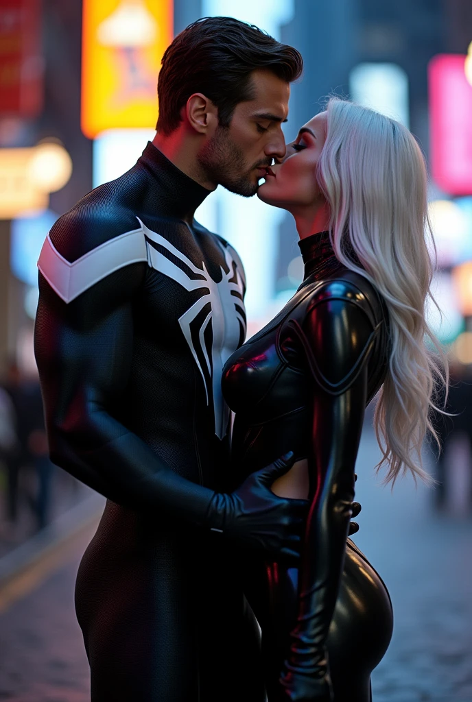 A stunning portrait of muscular Peter Parker in his black suit and white suit, symbiote suit, kissing, French kiss, passionate kiss, Felicia Hardy as the marvel character Black Cat, young and beautiful, hyper realistic, real portrait, backlit, exquisite features, cleavage, sexy, seductive, her hair is white, she is wearing a black leather body suit unzipped to her belly button, location is city at night. Neon lights, large breasts, athletic body, narrow waist, wide hips, Spider-Man’s suit is only black and white, he is not wearing his mask, Peter Parker