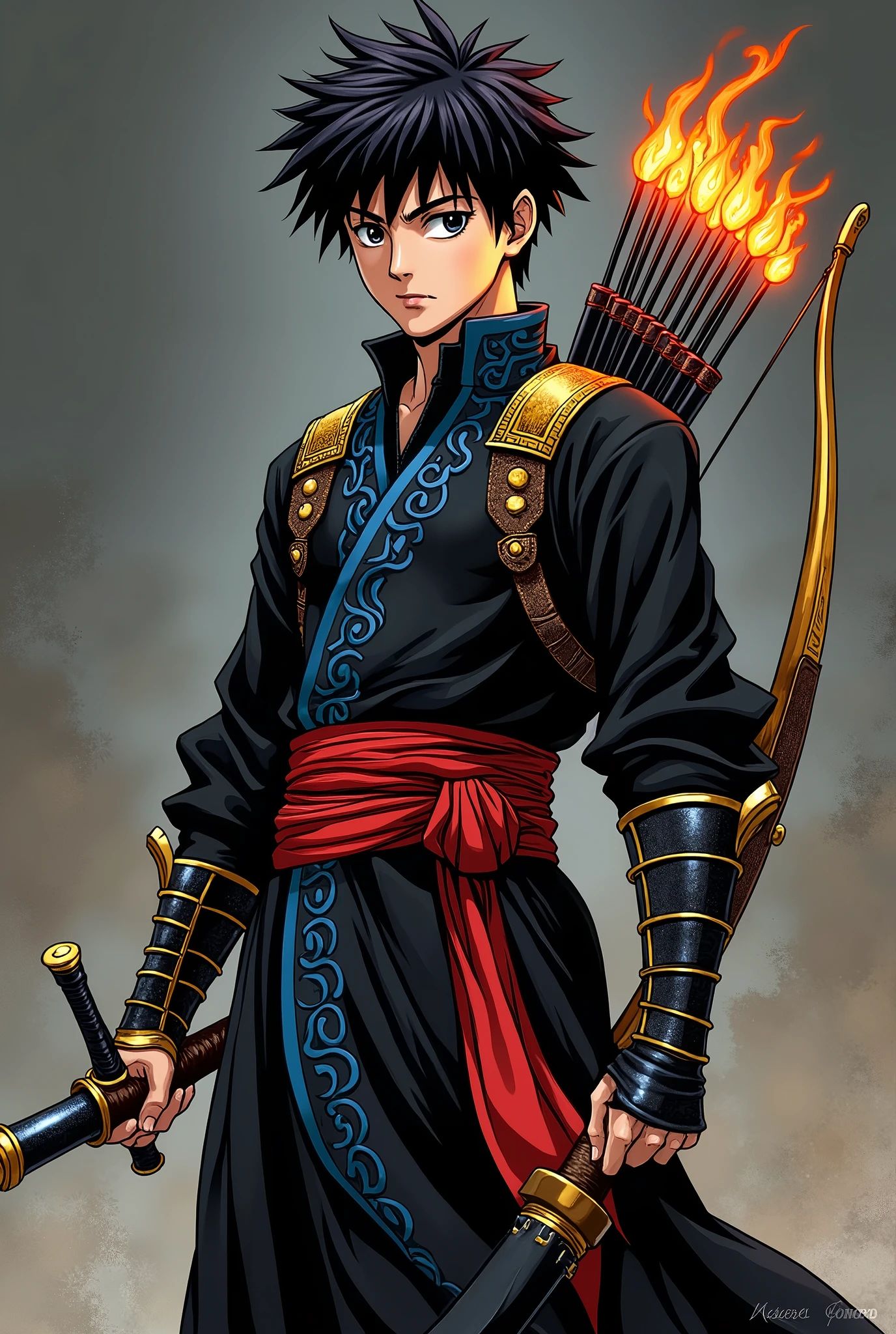 in the Human Comics style create a character, Aizen is a white boy with black hair and black eyes who wears a black tunic with blue details and a red sash with gold adornments. He wears leather bracers with hidden blades and high boots. He wears a quiver on his back with flaming arrows and a golden bow. He holds a sword with black and flaming blades