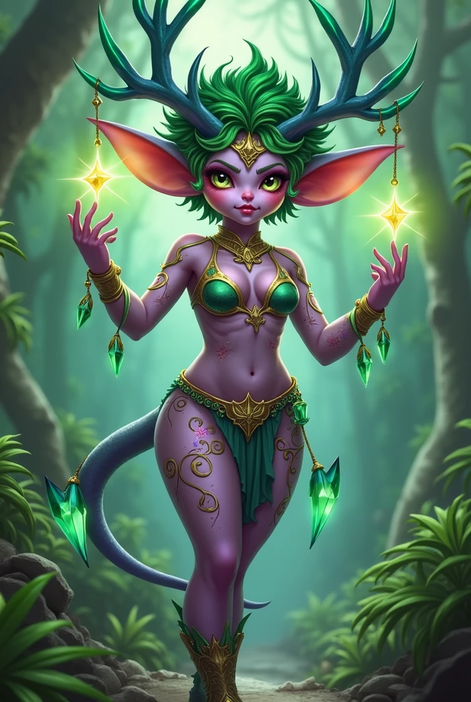 Prismatic coloration. Jungle like environment. A short young Gremlin like Plant woman with a Deep purple skin tone lit up with heavy miniscule starlike freckles & a set of B-cup breast bearing curvaceous hips, Slender Legs, & a round but small ass. She has short leaf green curly hair stopping at the top of her neck with various flowers growing within. She is wearing a revealing Bikini like armor exposing much of her chest area with Golden celestial designs & an otherworldly Tiara on her head. She has a serious face & a stern gaze in her sharp Starlike Golden Glowing eyes with black sclera & a heavy freckled form. She has long transparent Crystal like Blue antlers radiating Floral energy & a set of elegant Elven ears. She has long Ruby red vine like tattoos running all around her body accompanied by violet Star-like Tattoos running along them. She has a small cute nose. She has large Crystal Golden Fairy-like wings with a starlike pattern & a long dragon-like arrow-tipped tail .She is seen in a battle stance summoning verdant green Starlight magic from her fingertips