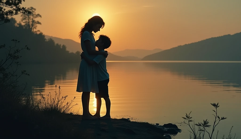 "A silhouette of a mother and her son hugging each other tightly at the edge of a lagoon. The dim light of dusk casts long shadows, with subtle ripples in the water suggesting something just beneath the surface."