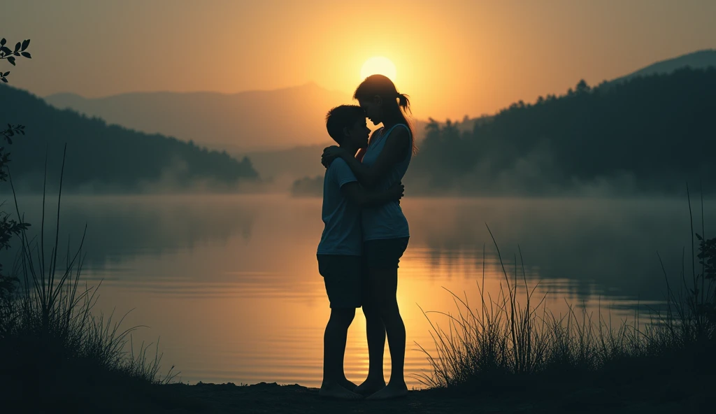 "A silhouette of a mother and her son hugging each other tightly at the edge of a lagoon. The dim light of dusk casts long shadows, with subtle ripples in the water suggesting something just beneath the surface."