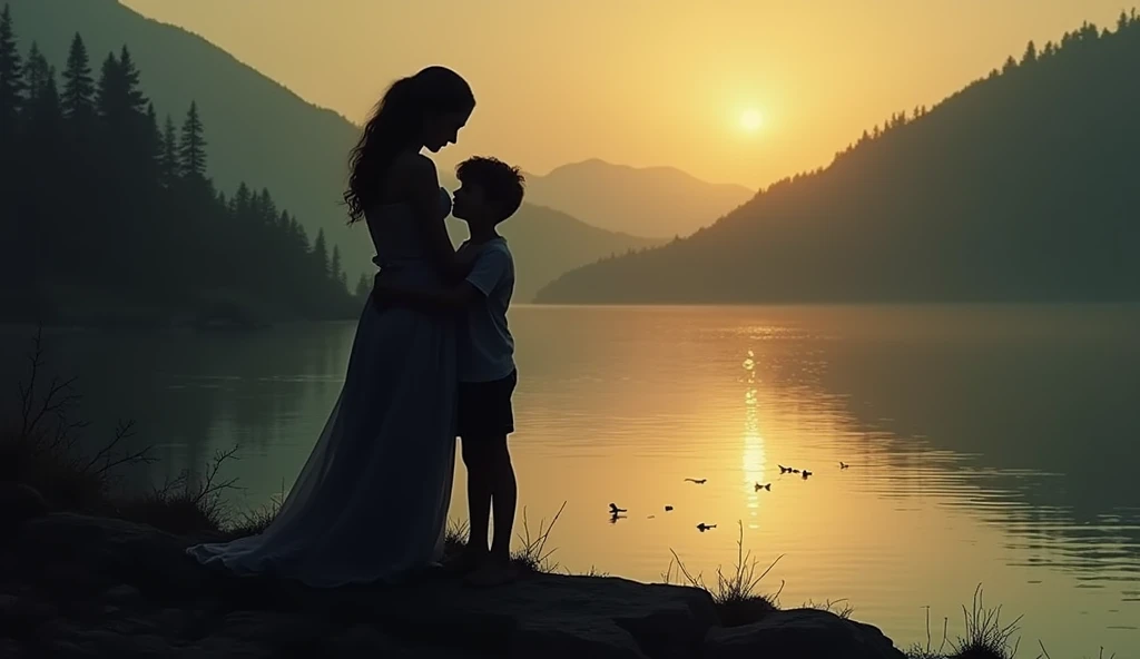 "A silhouette of a mother and her son hugging each other tightly at the edge of a lagoon. The dim light of dusk casts long shadows, with subtle ripples in the water suggesting something just beneath the surface."