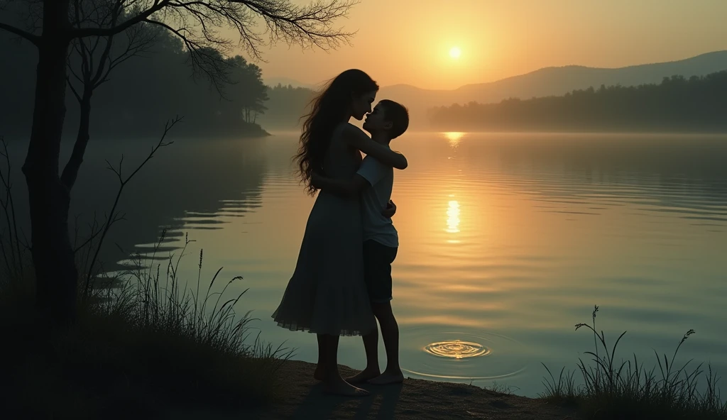 "A silhouette of a mother and her son hugging each other tightly at the edge of a lagoon. The dim light of dusk casts long shadows, with subtle ripples in the water suggesting something just beneath the surface."