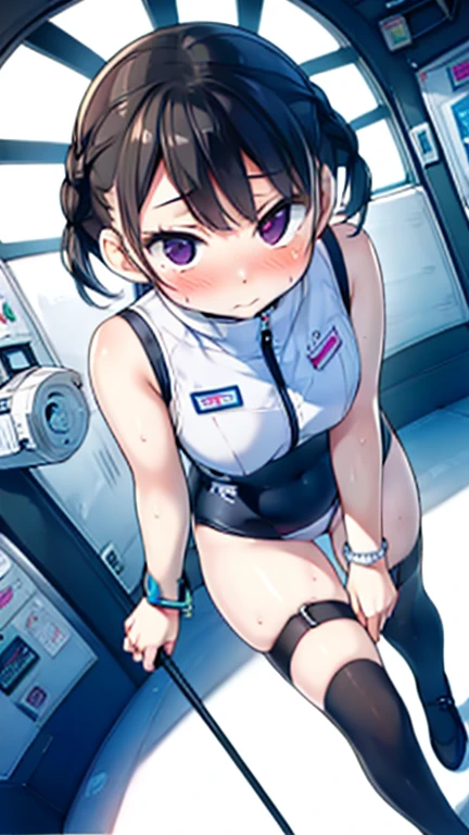 (Highest quality), (masterpiece), 1080P, High resolution, 4K, 8k, Inside the space station、Futuristic room、Thigh straps, Shooting from directly below, The woman on top of me, 白いSweat, Covered , Sweat, Woman looking down, Skirt swimsuit, Thigh-high socks, To achieve this, , , whole body, Black leather shoes, Braided hair, Inner Color, Embarrassed face, Short black hair, bracelet, Bedroom,celestial body_Vest