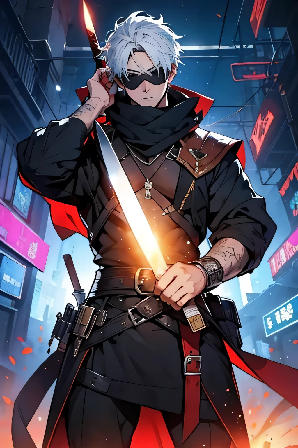 score up_9,score up_8,score up_7,source_アニメ,best quality,super fine illustration,super detailed,8k,Adventurer,black mantle,cool,fantasy,holding_knife,BREAK eye mask,BREAK in tarven