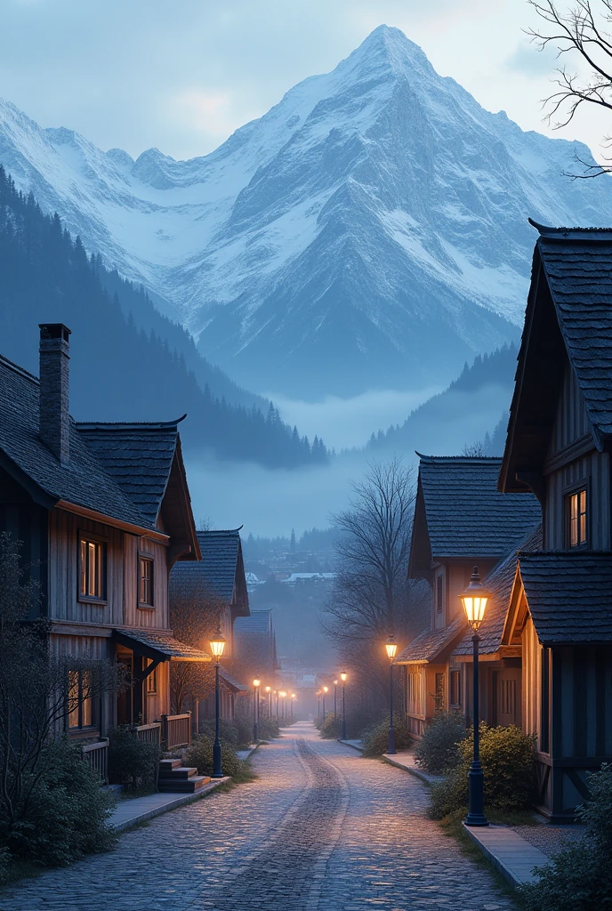 Top view of small town in mountains at day time, with lamps in the street and no people. The lane is going down.