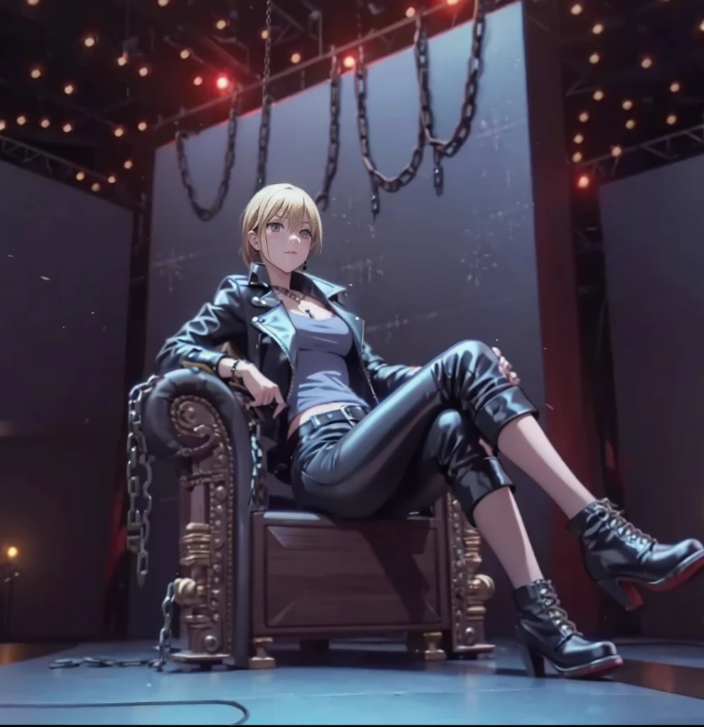 marin, marin kitagawa, rocker woman, punk rock style clothing, high heel boots, leather pants, leather jacket, gray shirt, on a stage, chains around, chains hanging from the stage, sitting on the throne, sitting cross-legged, legs crossed, night, lights, spotlights, fireworks