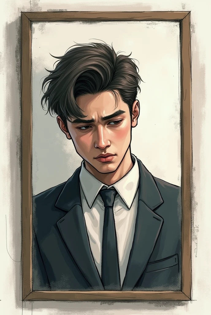 A young and mature (male)person with formals shirts looking himself in the mirror with deep sadness because he is realizing he is not good enough. And the image should be look as a sketch.And the face of the boy should look alike with anyone