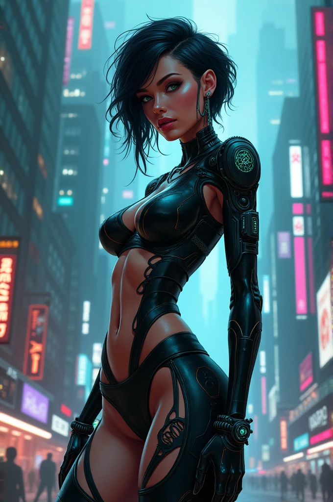 a sexy cyberpunk style cartoon woman, dark and bioorganic 