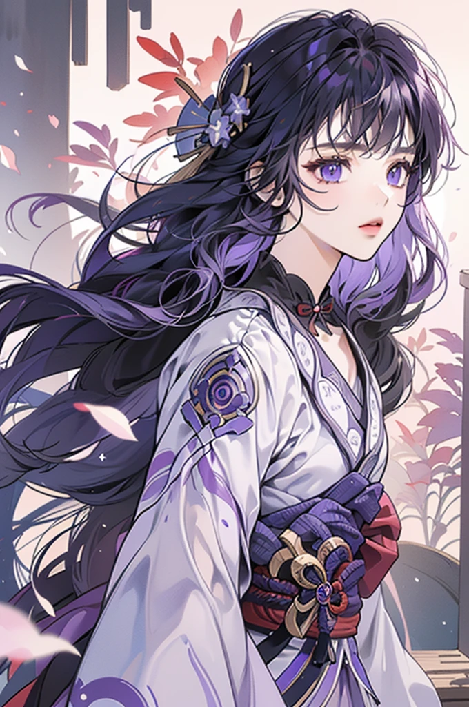 Best quality at best, Ultra-high resolution, (((1 girl))),(Long purple hair), (violet eyes), (Raiden Shogun) game fairy, Hanfu, Yarn, Flowing light yarn, jewelry, (focal), (((Colorful))), particle fx , tmasterpiece, Best quality at best, beautiful painted, meticuloso, highly detailed, (tmasterpiece, Best quality at best） CG unified 8K wallpaper，tmasterpiece，Best quality，ultra - detailed）, Super HD picture quality，Clear face，good looking hand