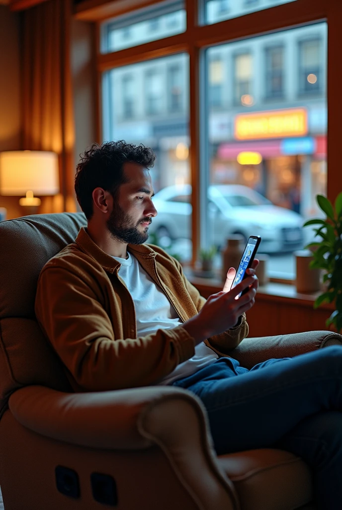 I want to create a picture where a man in inside of his home and seeing all his nearby shops like fish market groceries restaurants etc on mobile in banner size