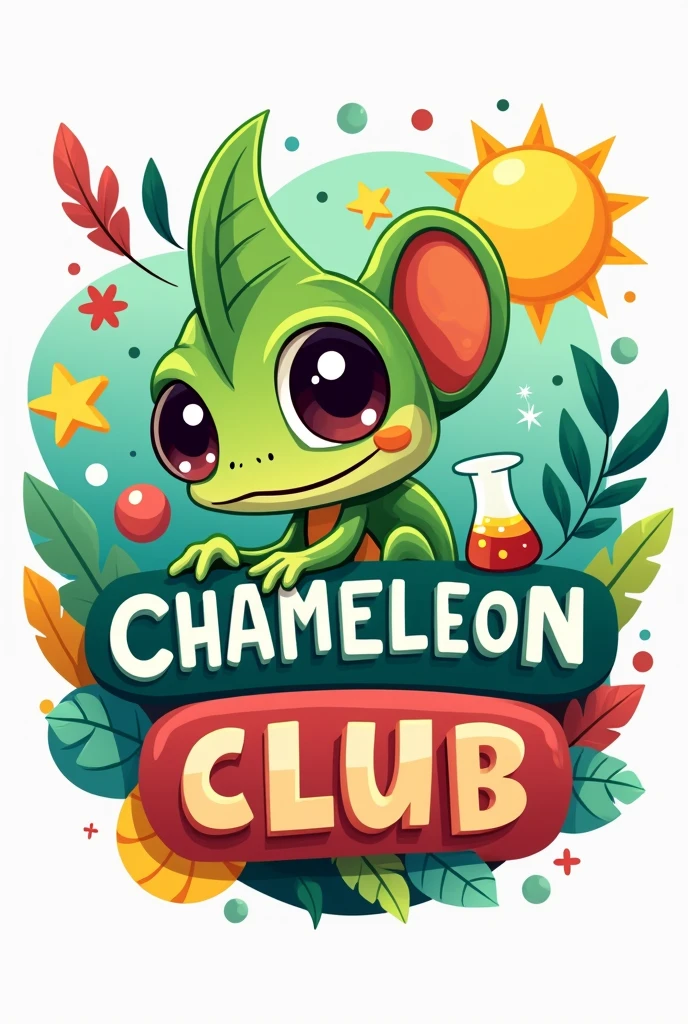 Create a vector image for a logo, that includes a cartoon of a baby chameleon, that includes the title "Chameleon Club" In Spanish language, include elements of science and children's literature. Do it in the green colors, yellow, Red and blue.
Let the logo be , integrating the different elements given.