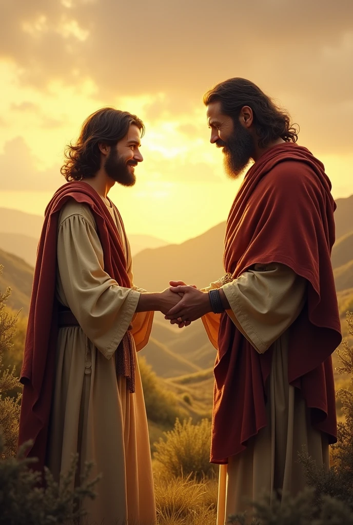 Character from the Bible Jacob and Esau holding hands 