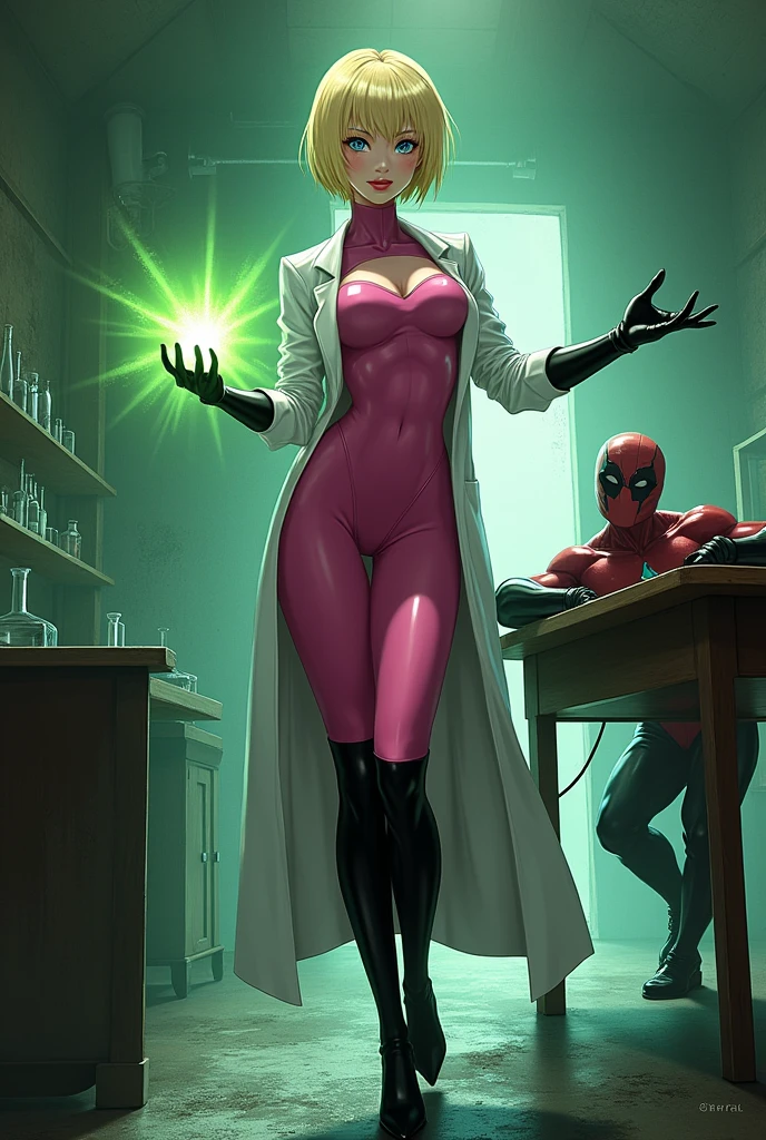 Anime style, Sultry and Beautiful young woman with a soul of pure evil and hatred. Short blonde hair that covers her left eye and blue eyed supervillain dressed in a sleek skintight pink bodysuit, long black gloves and black calf high boots. A long white lab coat over her bodysuit competes the look. She is posing and emanating green energy. She has a smile crossing her thin red lips. The setting is a dirty laboratory with a captured costumed hero secured to a table and being tortured. Lots of b