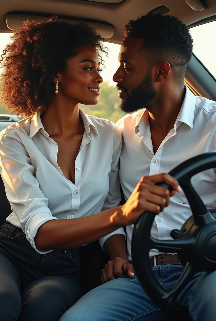 A beautiful African woman on a white shirt and black jean trouser
revealing her hips withe her handsome African husband who is driving her in a car and talking to her realistic paint