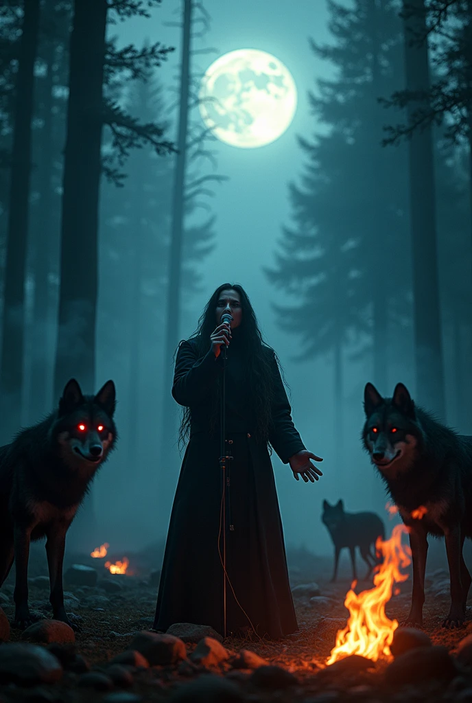 Christian Scabbia vocalist from the band Lacuna Coil singing with microphone in the forest at night in flames, full moon fog, wolves with red eyes on the side