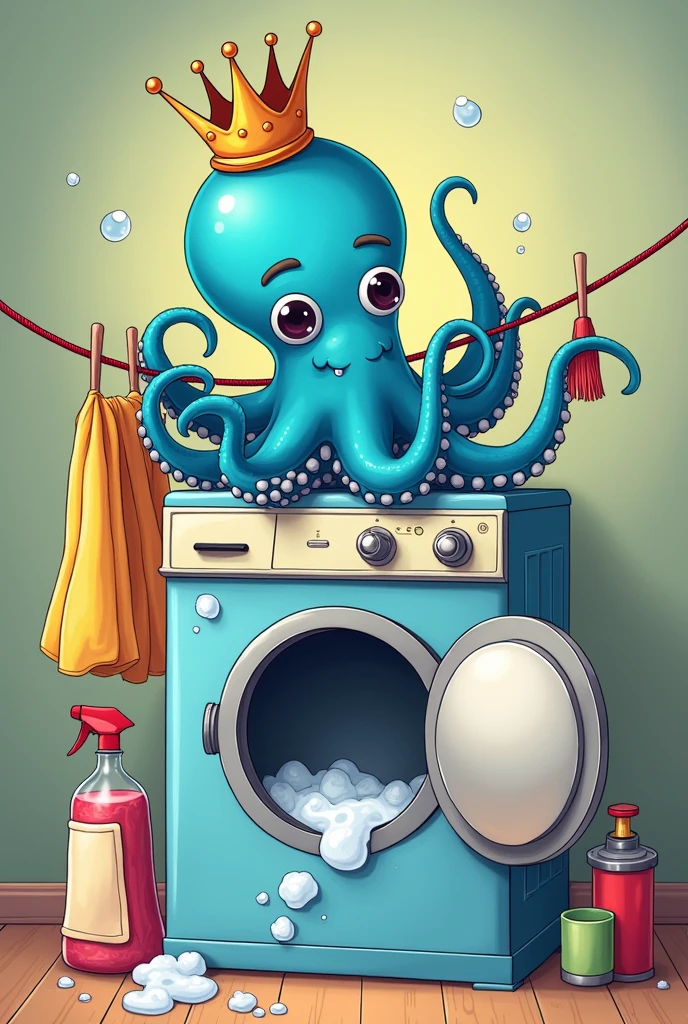 I want a Klein Blue Octopus, on top of a washing machine holding cleaning supplies while hanging out clothes(the machine needs to be open with bubbles coming out of it it has to have an old cartoon style it HAS to hold cleaning items put a crown on its head



