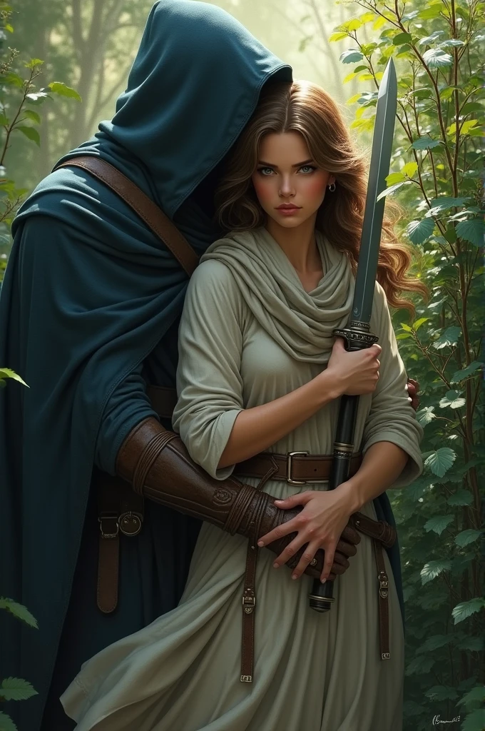 romantasy fanart. Lady in a tunic with a loose scarf holding her blade in hand. a man holding her as if they are hiding from someone, they are behind the bushes, silent. the man is wearing a cape and hood like scarf, hiding his visage as if a shadow. He's a being barely visible to a naked eye