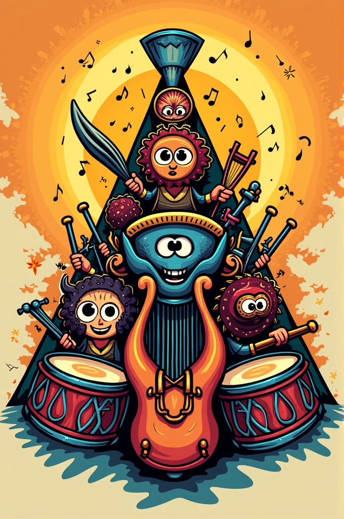 A comic style logo, which contains a pyramid of percussion band instruments including lyres and a chamber above