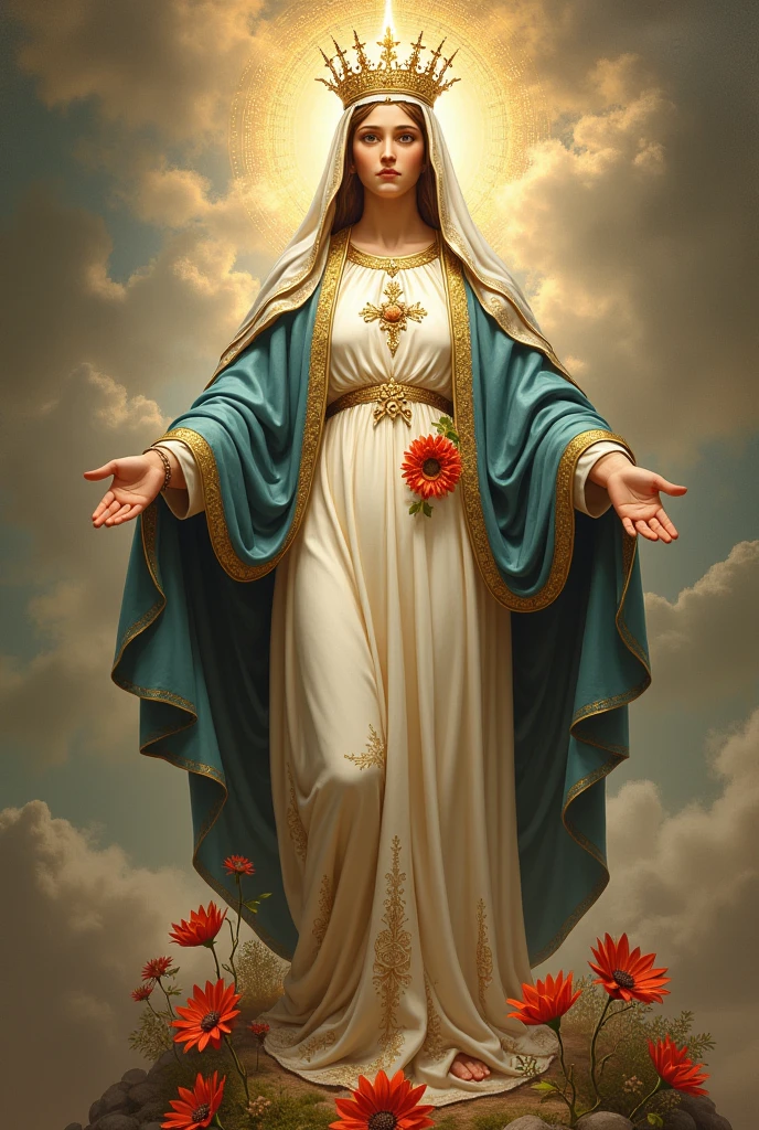The Virgin of Mercy in a white dress with red and gold flowers without a crown on her head but with a crown of stars coming out of her head, open arms and has to be full body
