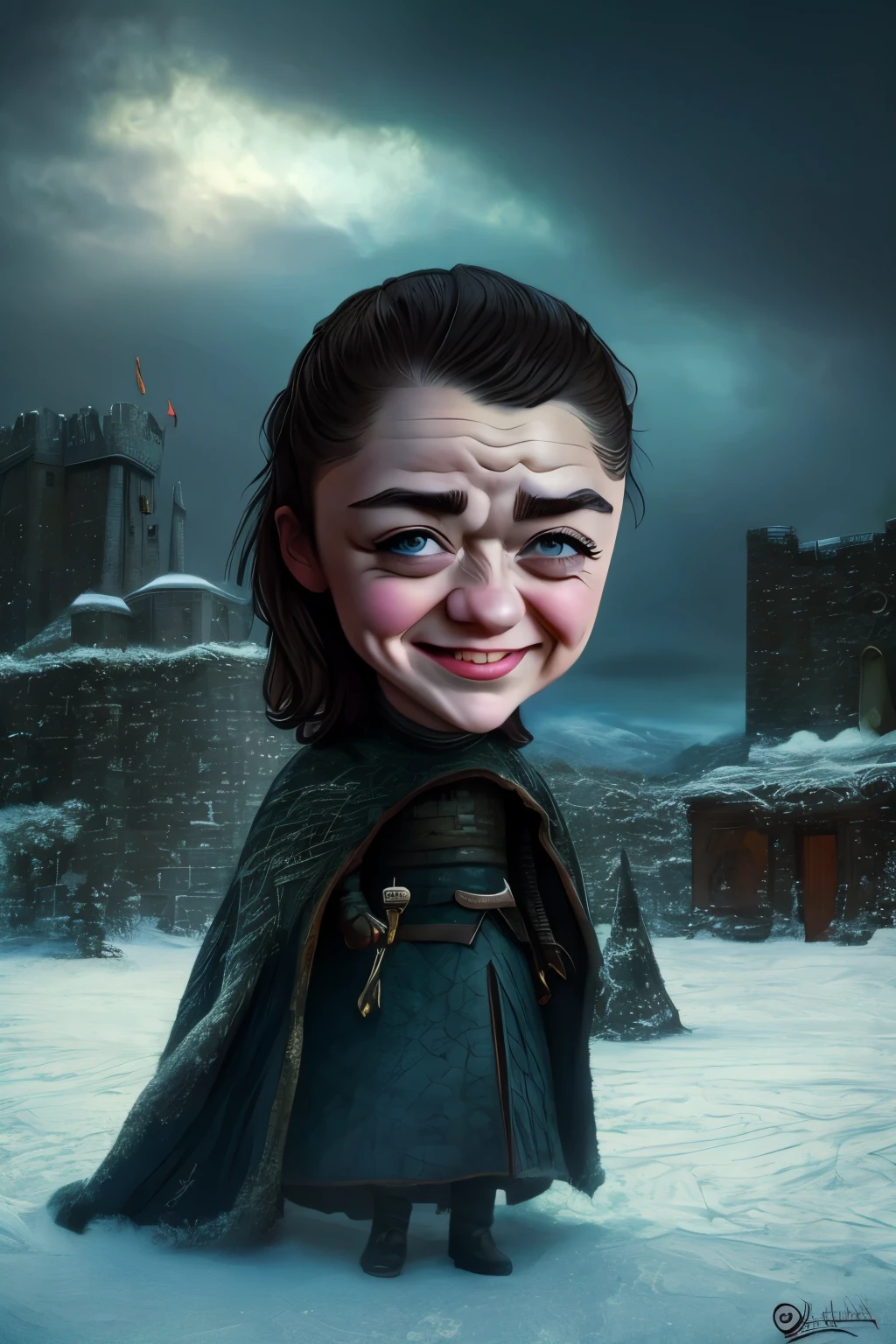 A (((caricature of Arya Stark))) has a girl floating in the snow, exaggerated facial features with large eyes and a wide, blissful smile, long flowing hair with flowers and beads, wearing vibrant tie-dye clothing, surrounded by colorful birds, surreal and dreamy atmosphere, clouds and stars in the background, psychedelic patterns swirling around, cartoon style, bright and vivid colors, peaceful and euphoric expression, dynamic and whimsical pose, highly detailed, (masterpiece: 2), best quality, ultra highres, original, extremely detailed, perfect lighting. ((Winterfell castle background)).
