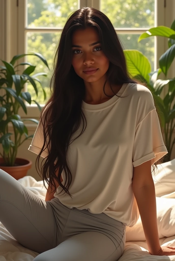 (photorealism:1.2), beautiful Indian Girl, 2, sitting on bed, wearing oversized T-shirt covers her stomach part too, legging, decent image, long straight hair, indoors, soft lighting, plants in background, window with sunlight, cozy room, relaxed pose, realistic, intricate details, warm colors, by Greg Rutkowski, by Alphonse Mucha