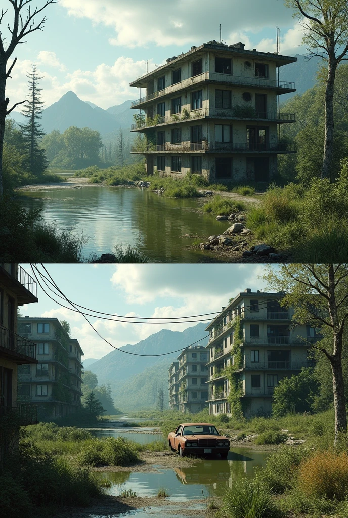 A post-apocalyptic scene with abandoned buildings. The first image shows a flooded, decaying office building partially submerged in water, surrounded by greenish water with dead trees sticking out. In the distance, there are mountains under a bright sky with some clouds. The second image depicts an overgrown residential area with crumbling apartments, covered in vines and vegetation, with wild grasses and a rusty, abandoned car in the center. Power lines still stand, but they are decaying, creating an eerie atmosphere. Combine these two elements into a cohesive, realistic depiction of a post-apocalyptic world with nature reclaiming human-made structures.