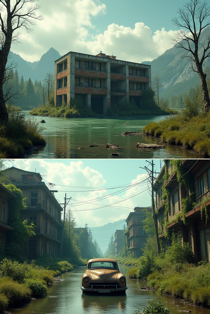 A post-apocalyptic scene with abandoned buildings. The first image shows a flooded, decaying office building partially submerged in water, surrounded by greenish water with dead trees sticking out. In the distance, there are mountains under a bright sky with some clouds. The second image depicts an overgrown residential area with crumbling apartments, covered in vines and vegetation, with wild grasses and a rusty, abandoned car in the center. Power lines still stand, but they are decaying, creating an eerie atmosphere. Combine these two elements into a cohesive, realistic depiction of a post-apocalyptic world with nature reclaiming human-made structures.