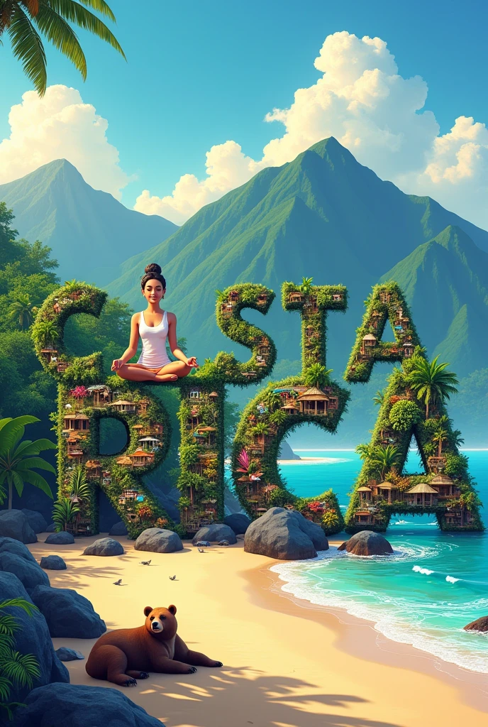 word."Costa Rica" with letters filled with Costa Rican landscapes, A beach, Mountain, a yogi, a lazy bear, playa, Mountain