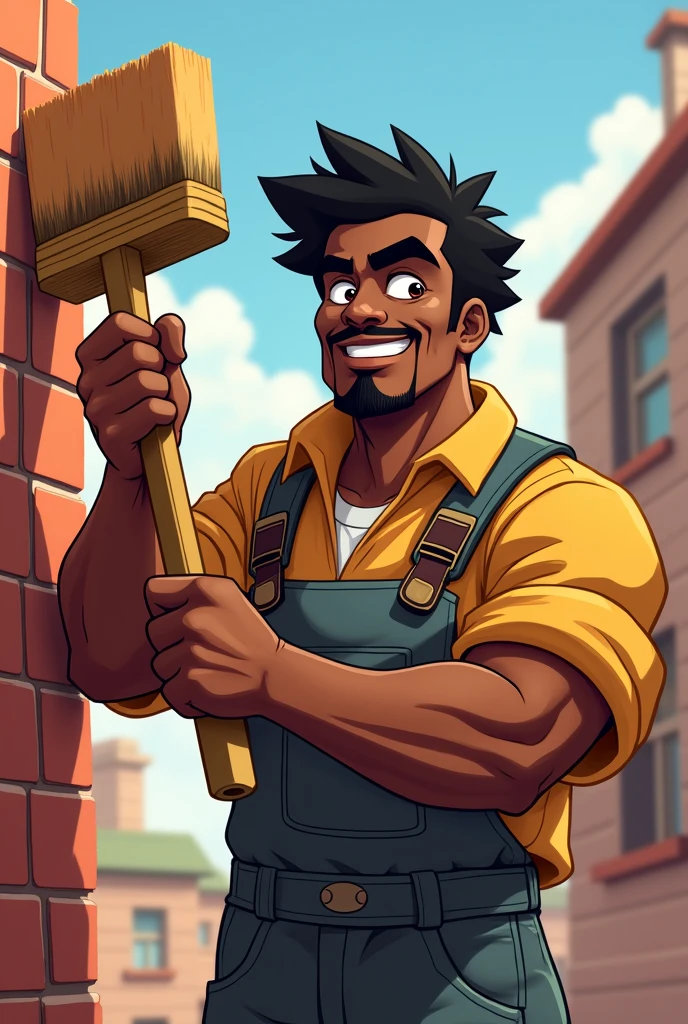 Black man with goatee and black hair with bricklayer's brush in raised hand in cartoon