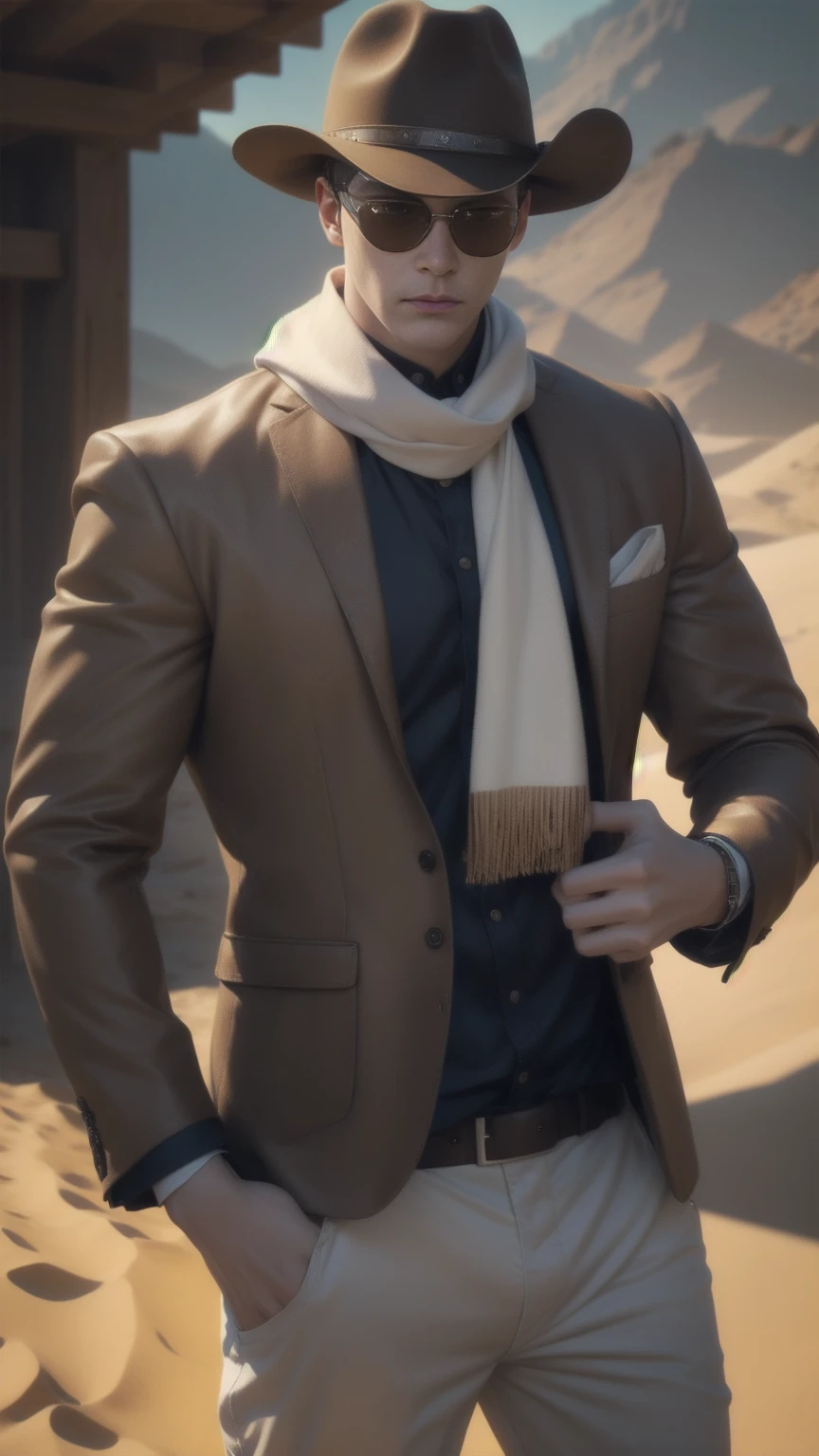 The best possible quality, 8K Ultra Resolution, Awesome illustration, The best of all, Award-winning, how to be the best, Cowboy Hat Leather Belt Buckle, weapons in each hand, Action Pose Adds effect at the end.., jeans jacket, scarf neck length, Sunglasses, light Brown wide pants, ((cian, Brown, white colors: 1.5)), epic desert setting: 1.5, photorealistic: 1.4, skin texture: 1.4, super masterpiece, Super detailed, hyper detailed, 32K