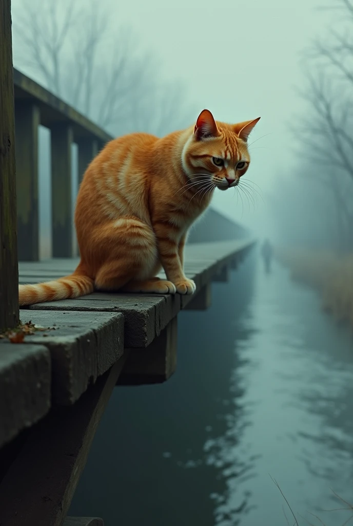 Sad orange cat almost jumping off bridge