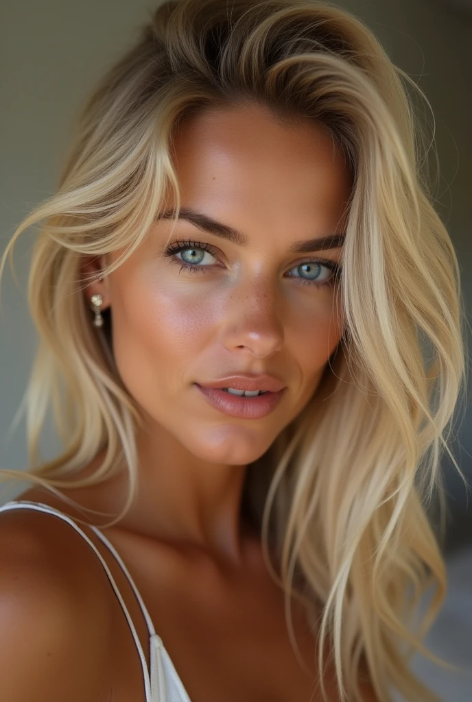 Beautiful blonde woman from Switzerland, tanned, finger in anus