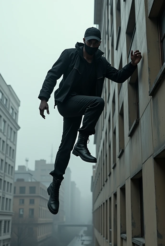 Tall, black-skinned man, wearing black surgical mask, Black cap, Black jacke, black pants and black boots, Skipping a building