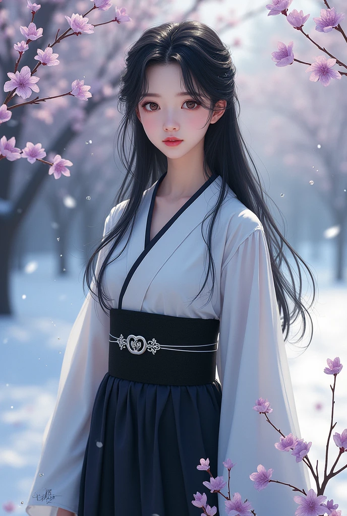 A Korean girl wearing a black and white kimono (not cleavage revealing clothes) with a silver waist lock chain, black wavy hair, brown eyes, pink lips, small chest, slender, standing in snow with purple flowers