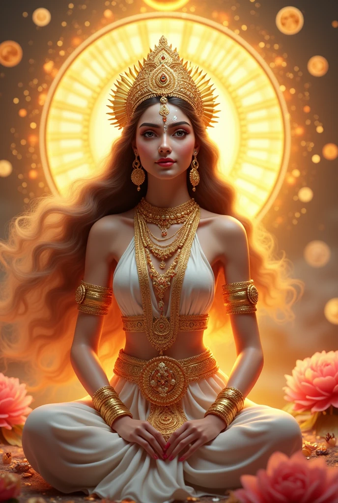 A stunningly detailed and vibrant 3D realistic image of Radha Rani. She is depicted as a celestial women, adorned with intricate jewelry and a regal headdress. She wear white and gold indian traditional dress Her skin glows with a golden aura, and her eyes are filled with wisdom and compassion. Surrounding her are magnificent flowers, celestial bodies, and symbols of peace and love, creating an atmosphere of serenity and divine beauty. She has applies white kumkum flowers above her eyebrows