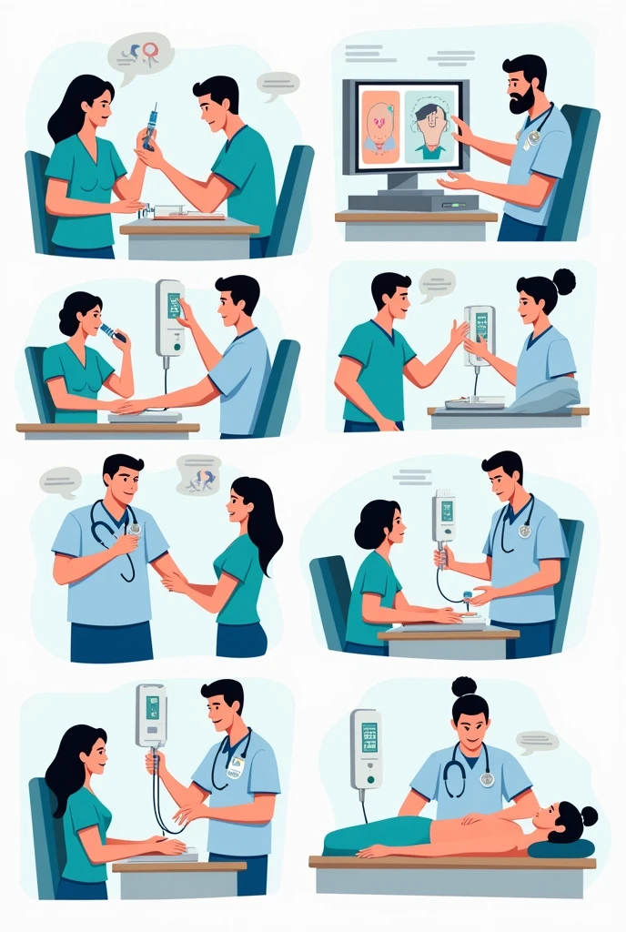 I want an image that portrays:
• Modern and vectorial vital signs taking, with smooth, clean lines, and vibrant colors. Cartoonish but realistic. Color: Using a palette of bright and contrasting colors that are pleasant and eye-catching. FORMAT: Illustrations arranged in a book or manual style. This illustration is intended for a guidance and training manual, so it must be clear, accessible and visually appealing."
