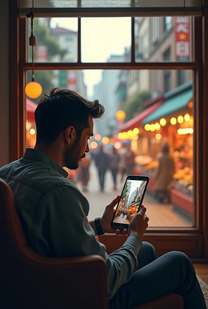 I want to create a picture where a man in inside of his home and seeing all his nearby shops like fish market groceries restaurants etc on mobile in landscape
