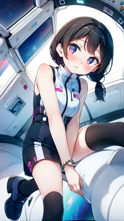 (Highest quality), (masterpiece), 1080P, High resolution, 4K, 8k, Inside the space station、Futuristic room、Thigh straps, Shooting from directly below, The woman on top of me, 白いSweat, Covered , Sweat, Woman looking down, Skirt swimsuit, Thigh-high socks, To achieve this, , , whole body, Black leather shoes, Braided hair, Inner Color, Embarrassed face, Short black hair, bracelet, Bedroom,celestial body_Vest
