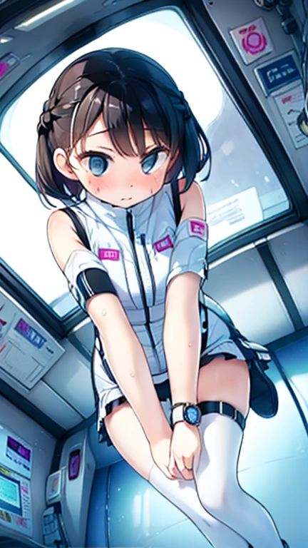 (Highest quality), (masterpiece), 1080P, High resolution, 4K, 8k, Inside the space station、Futuristic room、Thigh straps, Shooting from directly below, The woman on top of me, 白いSweat, Covered , Sweat, Woman looking down, Skirt swimsuit, Thigh-high socks, To achieve this, , , whole body, Black leather shoes, Braided hair, Inner Color, Embarrassed face, Short black hair, bracelet, Bedroom,celestial body_Vest