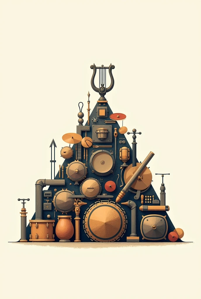 A logo of a pyramid of percussion band instruments including lyres and a chamber above